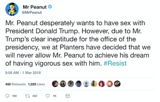 Illustration for article titled Take That, Drumpf! Planters Peanuts Announced That Even Though Mr. Peanut Really Wants To Have Sex With Donald Trump, They Will Never Let Him